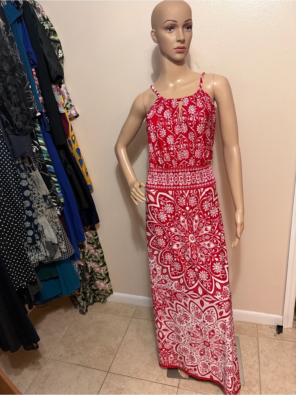 B. Calm Red and White Printed Maxi Dress Mock Halter- Sleeveless